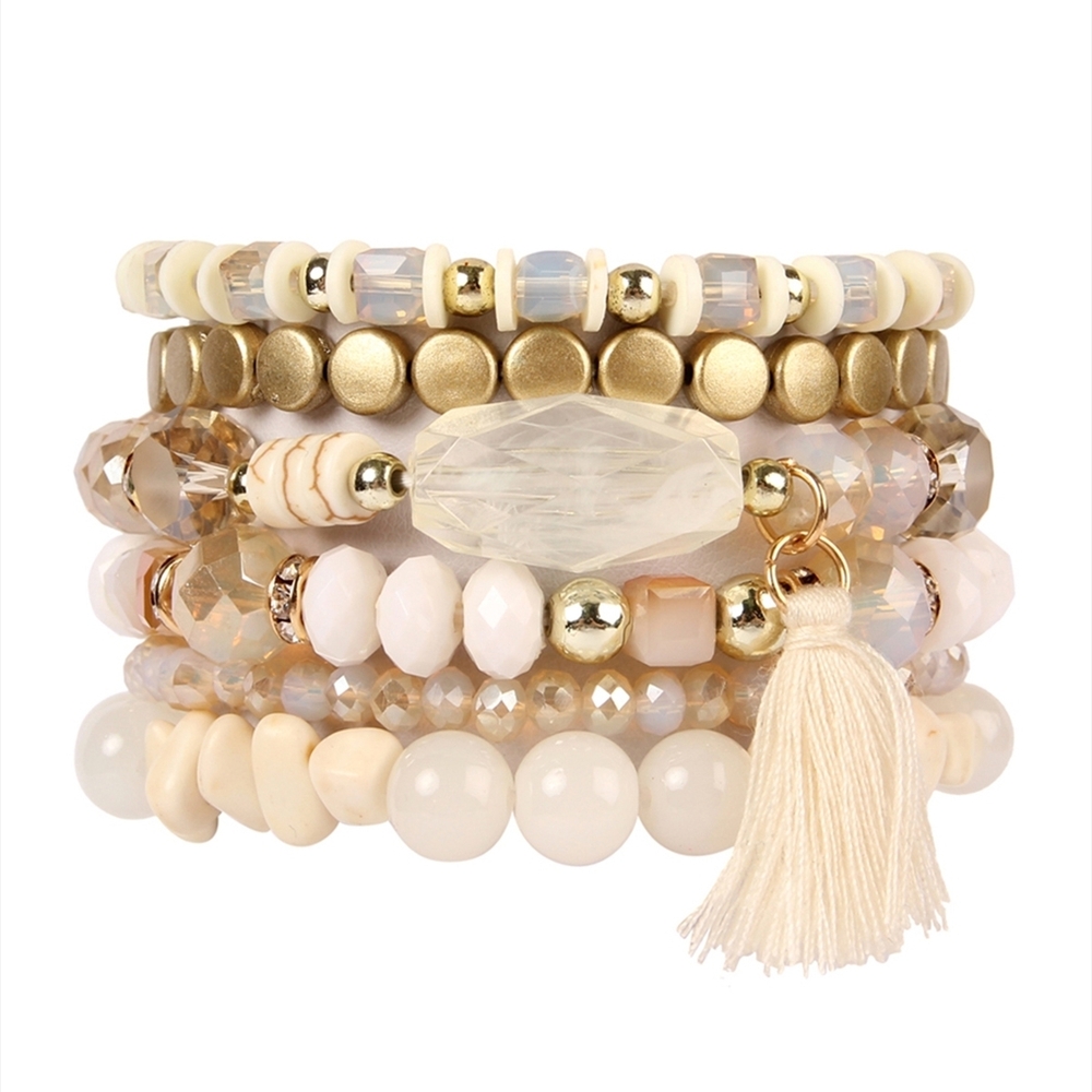Elegant Gold and Cream Beaded Bracelet Set